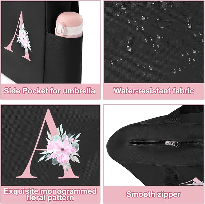 Vavabox Tote Bag, A-Z Initial Monogrammed Waterproof Tote Bag, Bridesmaid Gifts for Women, Black and Pink
