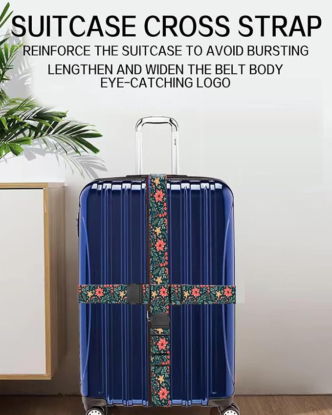 Luggage Straps for Suitcases, Adjustable Travel Belt, Durable Wide Luggage Strap, Cute Suitcase Strap Identifiers with Buckle, Bag Straps for Luggage, Cute Boho Flowers