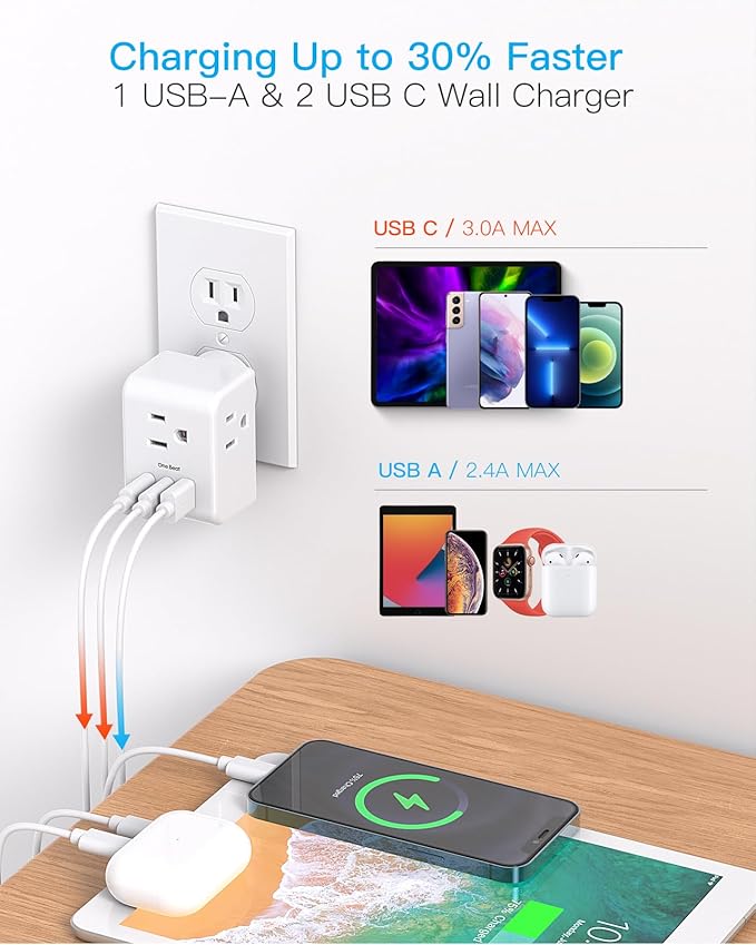 Multi Plug Outlet Extender, Power Strip Non Surge Protector Electric Outlet Splitter with 3 USB Wall Charger (2 USB C), Multiple Outlet Expander for Cruise, Dorm, Travel, Home, Office(White)
