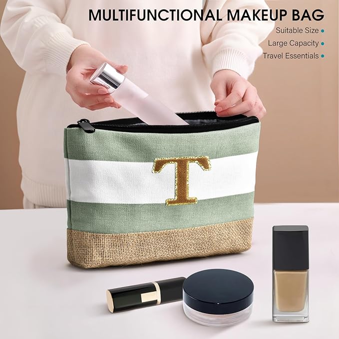 Becokan Beach Bag Initial Beach Tote with Makeup Bag for Travel Work Storage Personalized Birthday Gifts for Women Her
