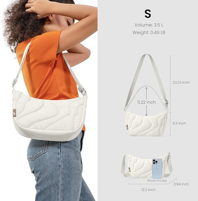 tomtoc 3.5L Puffer Sling Crossbody Bag for Women Trendy, Nylon Quilted Crescent Shoulder Bag Purses for Cellphone and Daily Essentials, Puffy Travel Hobo Handbag with Adjustable Strap & Inner Pockets