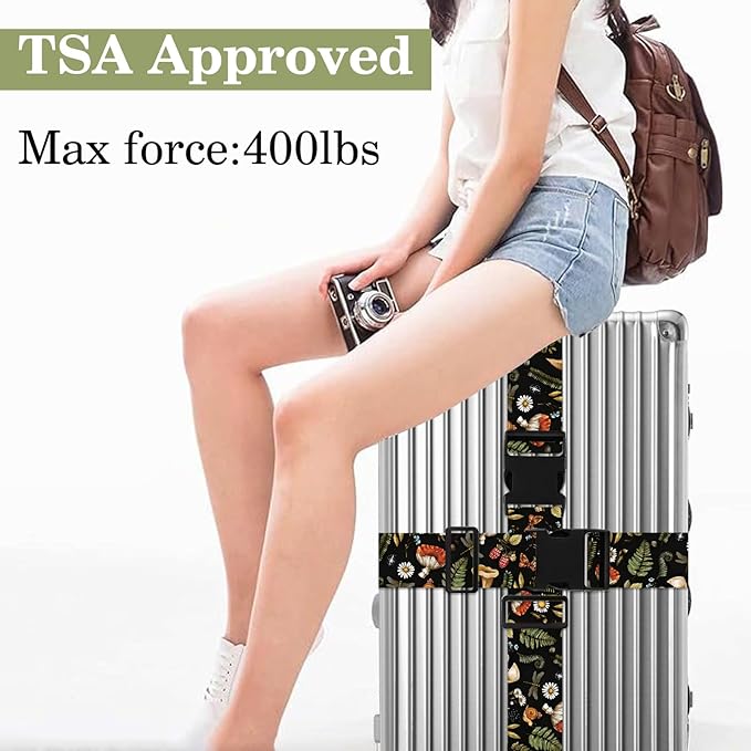 Mushroom Luggage Straps for Suitcases TSA Approved, Luggage Identifiers for Suitcase, Adjustable Suitcase Strap for Baggage Security with Cute Patten, Travel Necessary Accessories (2Pack)
