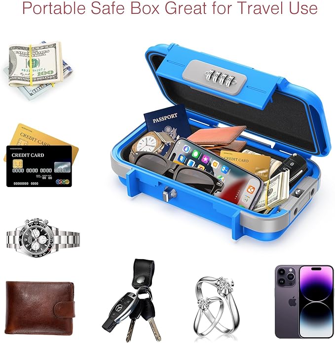 LOFICOPER Portable Safe Box, Portable Security Case, Waterproof Combination Lock Box for Travel, Small Personal Beach Safe with Removable Chain, for Travel, Hotel, Riding, Blue