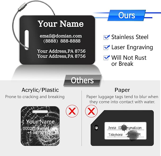 （2-Pack） Stainless Steel Custom Luggage Tags - Laser Engraved Personalized Travel Tags - Custom Name Identification Tags: for Suitcases, Backpacks, Bags and More (Rose Gold)