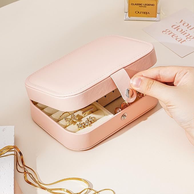 Travel Jewelry Box,Jewelry Travel Case, Small Jewelry Box,2 Layer Travel Jewlery Case, PU Leather Mini Portable Jewerly Storage Display Holder for Earrings, Ring, Necklaces, Bracelets (Pink)