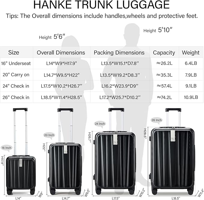 Hanke 26 Inch Large Checked Luggage PC Hard Shell Luggage Top Opening Travel Luggage Suitcases with Wheels for Woman Men.(Jet Black)