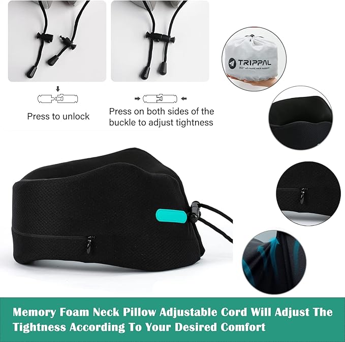 GOLDORANGE Travel Pillows for Sleeping Airplane Neck Chin Head Support Memory Foam Travel Neck Pillows for Long Flights Airplane Car Home Office Game, Black S