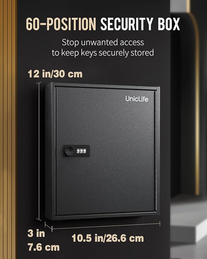 Uniclife 60 Position Slotted Key Cabinet with Combination Lock Resettable Black Digital Security Storage Box Steel Key Organizer with Slotted Racks White Key Tag Labels and Permanent Pen