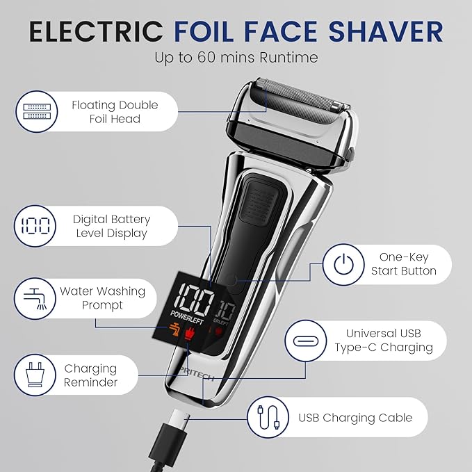 PRITECH Foil Shaver for Men, Electric Razor with Tight Foil Technology, Skin-Friendly Design, Easy Blade Replacement, Cordless Rechargeable with Pop-Up Trimmer, LED Display,Waterproof
