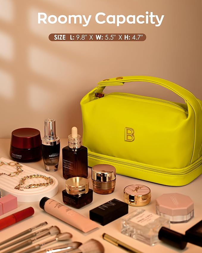 College Girl Gift Ideas, Personalized Makeup Bag with Handle, Initial Double Layer Cosmetic Bag with Makeup Brush Organizer, Cute Cosmetic Pouch for Women, Gift Ideas for Co Workers