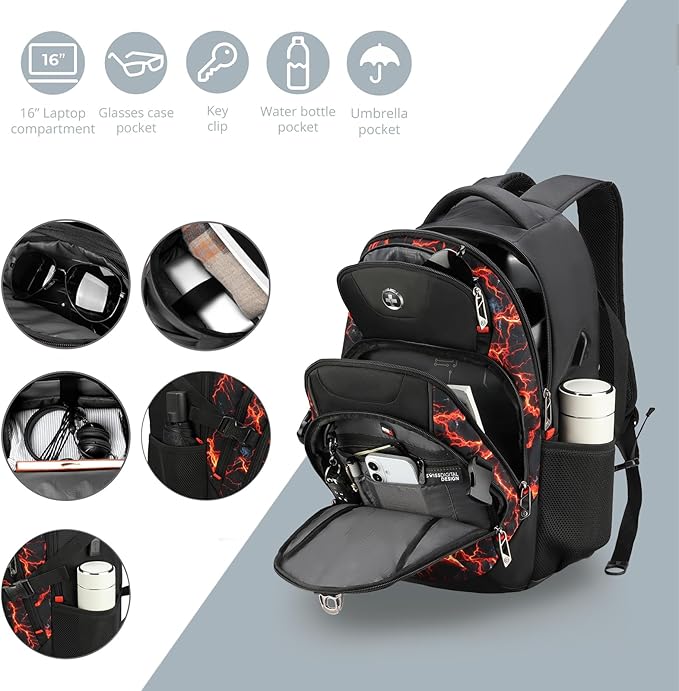 Swissdigital Laptop Backpack with USB Charging Port, Travel Backpack Fits 15.6 inches Computer, 31L Backpack for Men, Flame Red | SD803