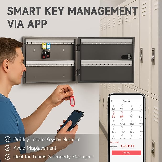 WeHere 48 Key Lock Box with Dual Lock, Combination & Key Unlock, Key Cabinet Wall Mount with Tag Label, Key Holder Storage Lockbox for Store, Office, Company, House, App Key Directory ERP