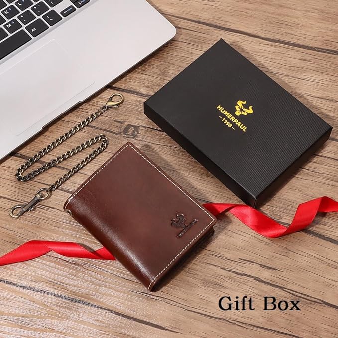Holder for AirTag Men's Wallet Genuine Leather Purse RFID Blocking Bifold with Anti-Theft Chain,Brown with Gift Box (Brown)