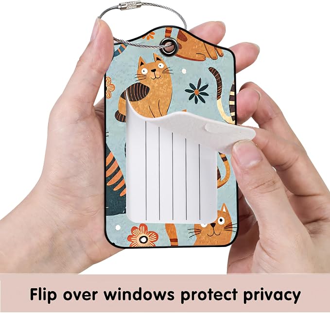 Luggage Tags for Suitcases, 2-Pack PU Leather for Cruise & Travel, Baggage ID Tags with Privacy Cover & Address Card, Durable Metal Ring, Kids Adults Travel Accessories, Whimsical Felines & Flora