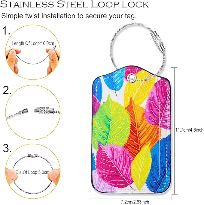 Luggage Tags for Suitcases-Leather Luggage Tag 4 Pack with Loops Cute Bag/Backpack/Suitcase Tags Travel Essentials for Flying (Colorful Leaft)