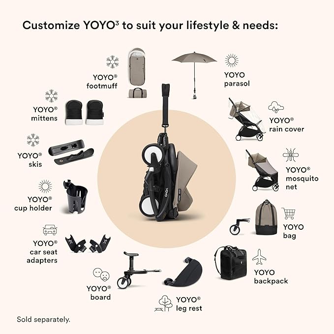 Stokke YOYO3 Stroller from 6 Months - Includes Black Frame/Taupe Seat Cushion + Canopy - Folds in & Out in a Flash - Light & Compact - Carry-On Compatible