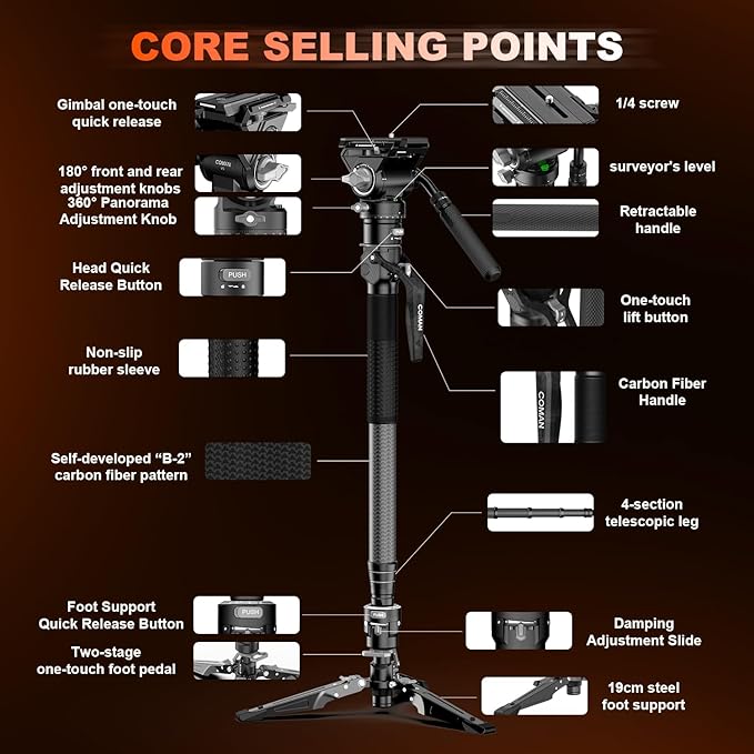 COMAN One-Click Lifting Carbon Fiber Monopod, 69‘’ Camera Monopod with Feet, Lightweight Travel Tripod with Quick Release Plate for Camera, DSLR, Camcorder, Max Load 22lbs/10kg (M1ProV5)