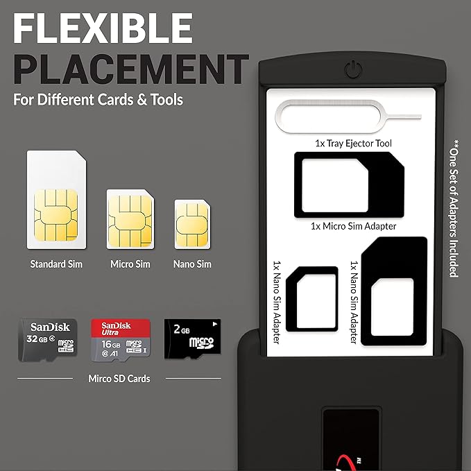 Mobile Safe Case for Travel, Hard Case & Compact Organizer for All SIM Types, Nano & Micro SD Cards, Adapters Kit & Removal Tool Included