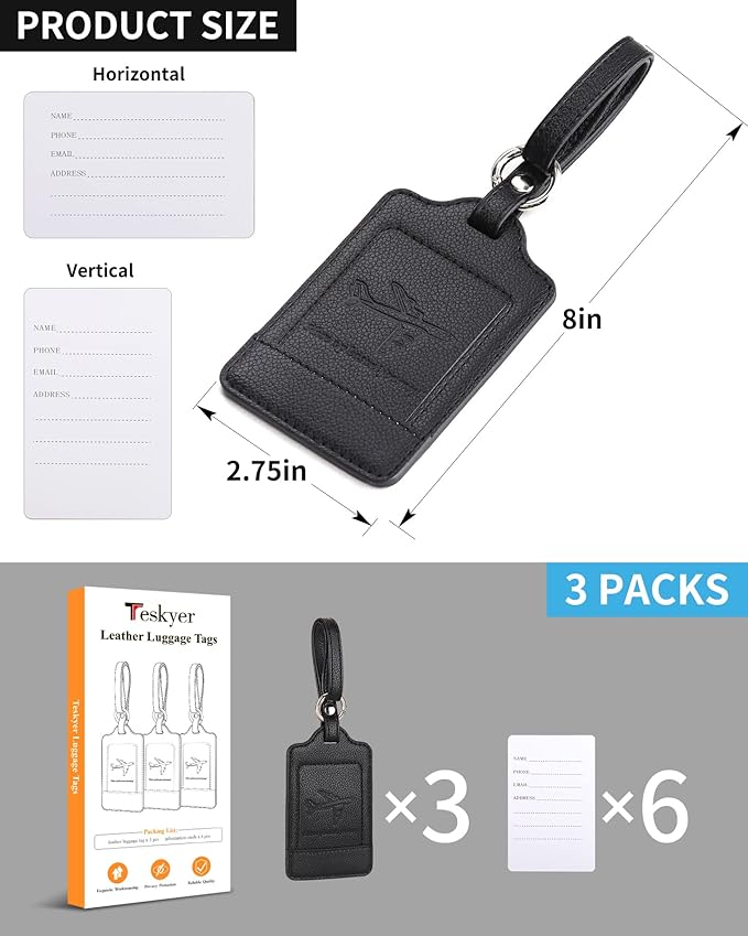 Teskyer Luggage Tags, 3 Pack Premium PU Leather Luggage Tags for Suitcases, Privacy Protection Travel Bag Tags, Lichee Black