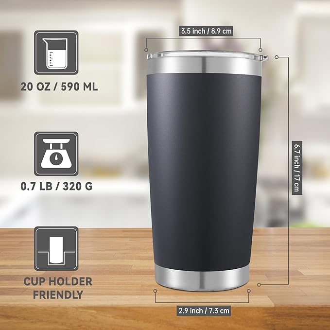 20 oz Tumblers Bulk Stainless Steel Tumbler with Lid Double Wall Vacuum Insulated Coffee Mug 20oz Powder Coated Cup for Hot and Cold Drinks, Black, 6 pack