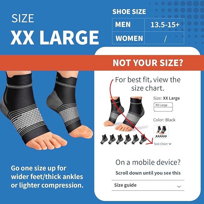 Plantar Fasciitis Sock (6 Pairs) for Men and Women, Compression Foot Sleeves with Arch and Ankle Support, Black, XX-Large