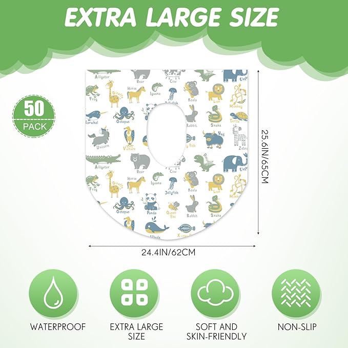 50 Packs Disposable Toilet Seat Covers Extra Large Individually Wrapped for Kids and Adults, Portable Non Slip Waterproof Potty Seat Covers for Toddlers Potty Training, Travel (Animal)