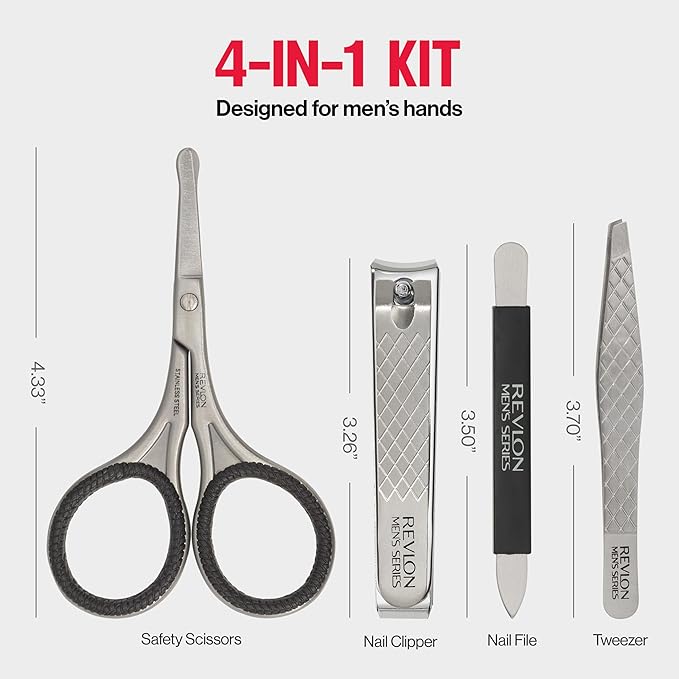 Revlon Men's Grooming Kit, 5-Piece Travel Essentials Set, Includes Nail Clippers, Scissors, File, Tweezers and Carrying Case, Stainless Steel, 1 count