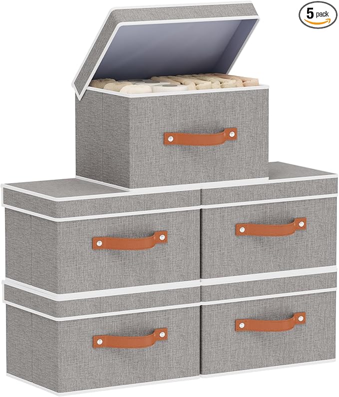 Fabric Storage Bins with Lids, Linen Foldable Clothes Boxes, Closet Organizer Containers with Double Handles, Baskets for Bedroom, Grey, 5 Pack, 13 x 9.1 x 7.9 Inch