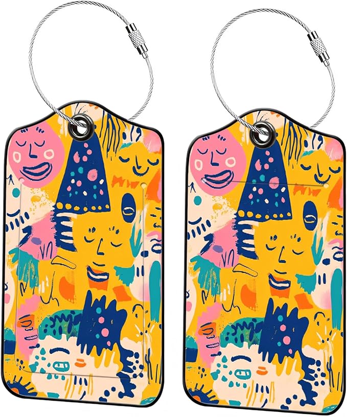 Luggage Tags for Suitcases, 2-Pack PU Leather for Cruise & Travel, Baggage ID Tags with Privacy Cover & Address Card, Durable Metal Ring, Kids Adults Travel Accessories, Abstract Joy Faces