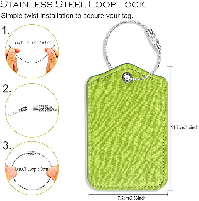 Luggage Tags for Suitcases-Leather Luggage Tag 4 Pack with Loops Cute Bag/Backpack/Suitcase Tags Travel Essentials for Flying (Limegreen)
