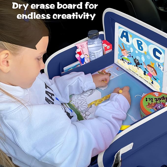 MENZOKE Car Seat Tray for Kids with Educational Drawing Board, Tablet Holder & Cooler Cup Holder, Essential for Car Travel & Airplane Trips, Space Pattern Design, Dark Blue