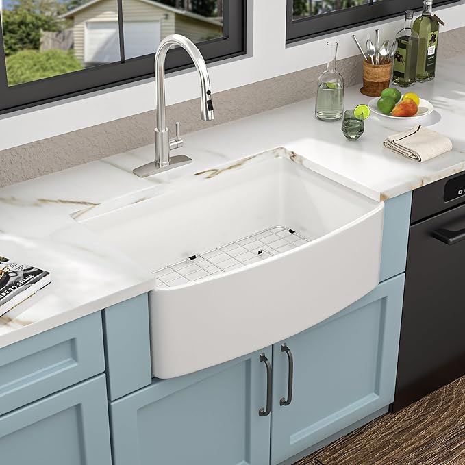 33x19 Farmhouse Kitchen Sink - Farm Curved Apron Front Ceramic Porcelain Fireclay Single Bowl Basin