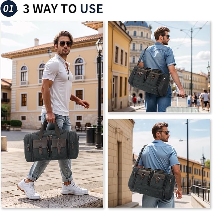 Canvas Duffle Bag with Genuine Leather Accents, Expandable 20-23 Inch Travel Weekender, Multiple Pockets, Black