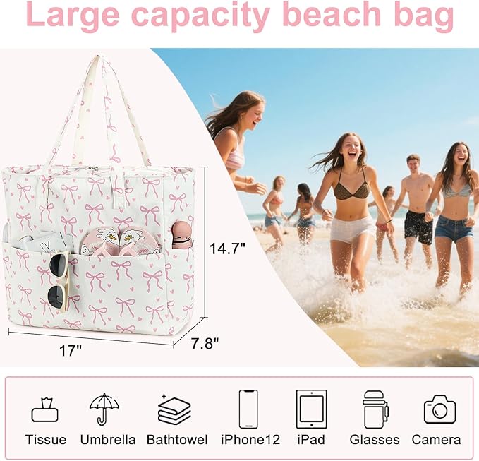 LEDAOU Beach Bag Waterproof Sandproof Women Tote Bag Pool Bag with Zipper for Gym Grocery Travel with Wet Pocket