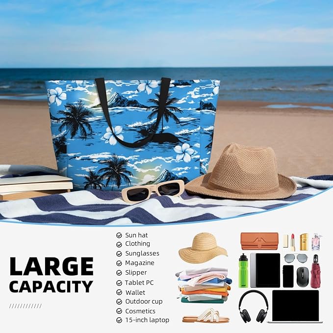 Beach Bag for Women Beach Tote Bag Waterproof Sandproof Large Bags with Zipper Big Capacity for Vacation Travel