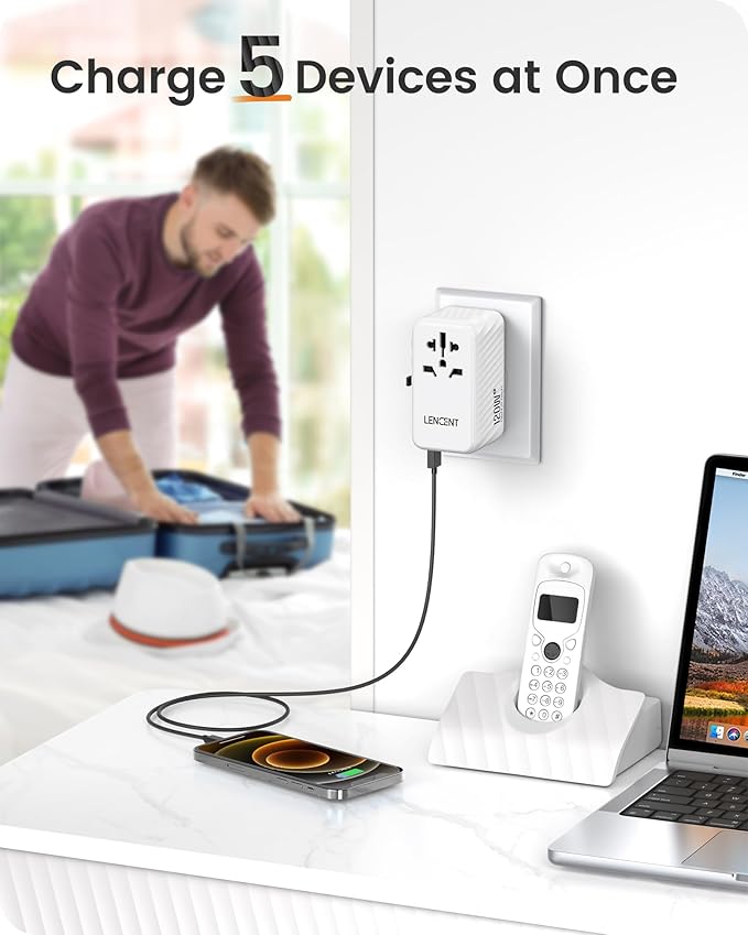 LENCENT International Travel Adapter, 120W GaN Universal Fast Charger with 3 PD3.0 Type C+1 QC USB A, All in One Power Adaptor for iPhones,Laptops, Worldwide Plug Adapter for EU/USA/UK/AU, White
