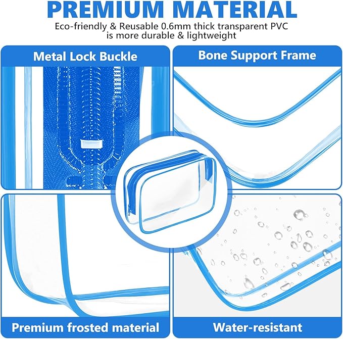 AURUZA 4 Pack Clear Toiletry Bag,Portable Travel Makeup Bags with Zipper, TSA Approved Clear Organizer Bags, PVC Cosmetic Pouch for Airport Airline Compliant (4 Packs Blue)