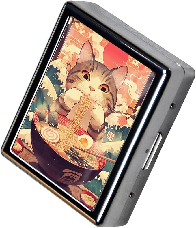 8‑Compartment Metal Pill Box Organizer – Portable Medicine Case 3″×2.6″ | Food‑Grade Dividers | Secure Snap Button Lid | Travel & Gift for Seniors (Ramen Kitty Feast)