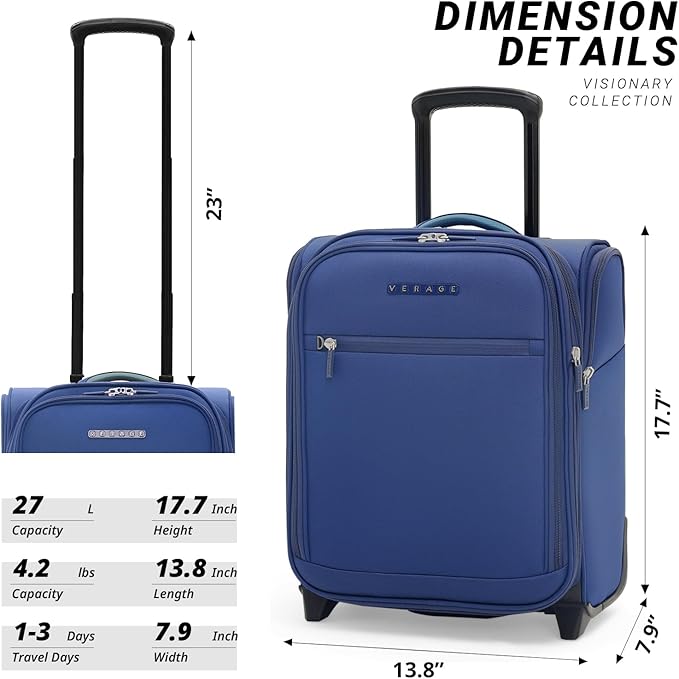 Verage Under Seat Luggage with Wheels, Softside Expanable Small Suitcase Carry On Luggage Bags for Airlines Airplanes Short Trip Men Women (Navy, 16-Inch Rolling Underseat)