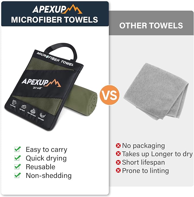 APEXUP Microfiber Travel Towel, Ultra Absorbent Quick Dry Towels, Lightweight Gym Sports Camping Towel for Workout, Yoga, Beach, Shower, Swimming (48"×24", Army Green)