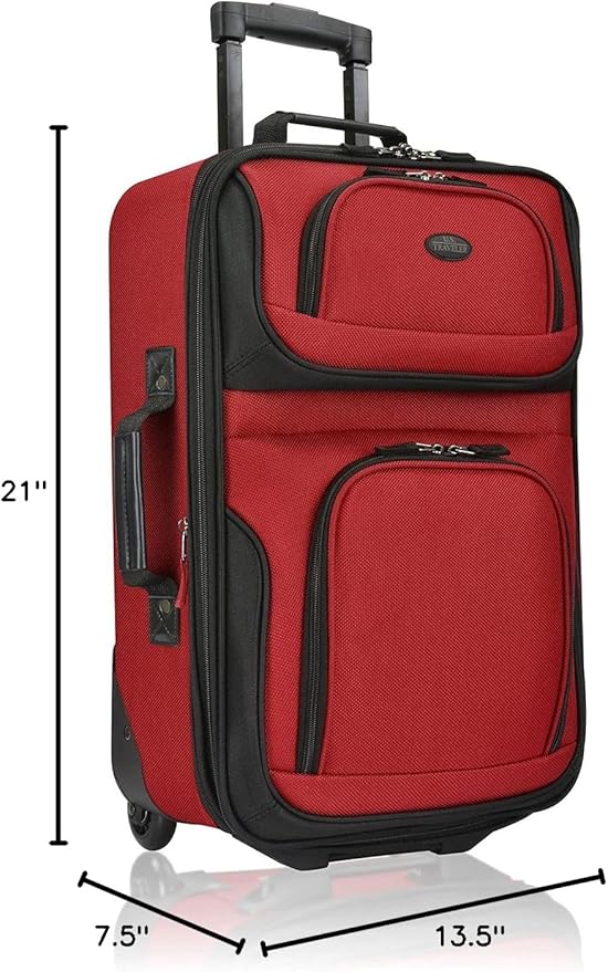 U.S. Traveler Lightweight Rolling 20" Carry On Luggage Softside Suitcase, Red, 2 Wheel Single