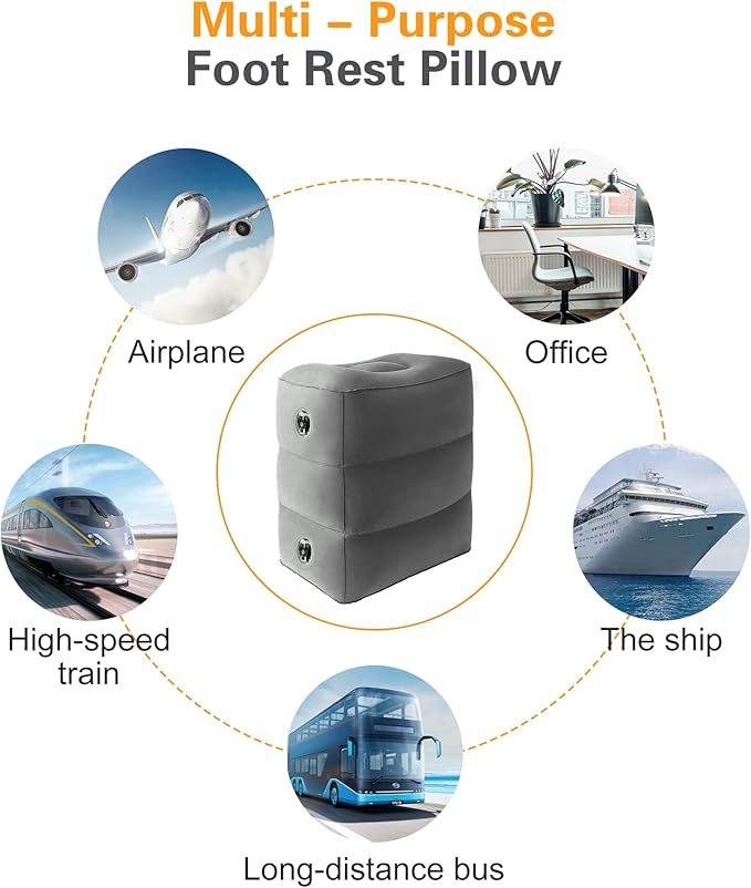 Sunany Inflatable Foot Rest Pillow for Airplane Travel-Adjustable Height Cushions for Kids to Sleep While Traveling, Adults, Suitable for Office, Home and Any Travel（Dark Grey）