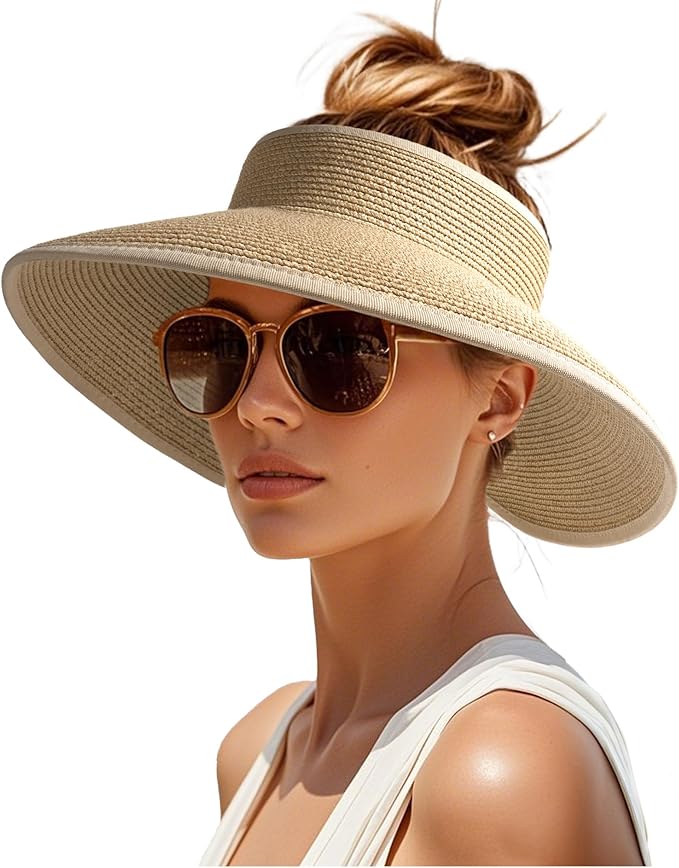 Womens Sun Visor Hats Wide Brim Straw Beach Hat UV Protection Ponytail Packable Beach Vacation Essentials