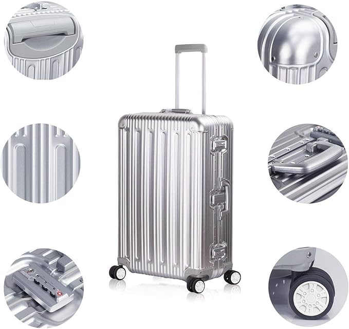 TRAVELKING All Aluminum Luggage Zipperless Hard Shell Suitcase with TSA Lock Spinner Wheels Lightweight Metal Alloy Suitcases (Silver, 24 inch)