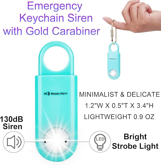 130dB Personal Safety Alarm Strobe Light. Loud Sound SOS Emergency Alerts with Carabiner. Self Defense Keychain Siren for Women, Elderly, Children, Night Runners, Hiking. Bear Alarm Deterrent. Aqua