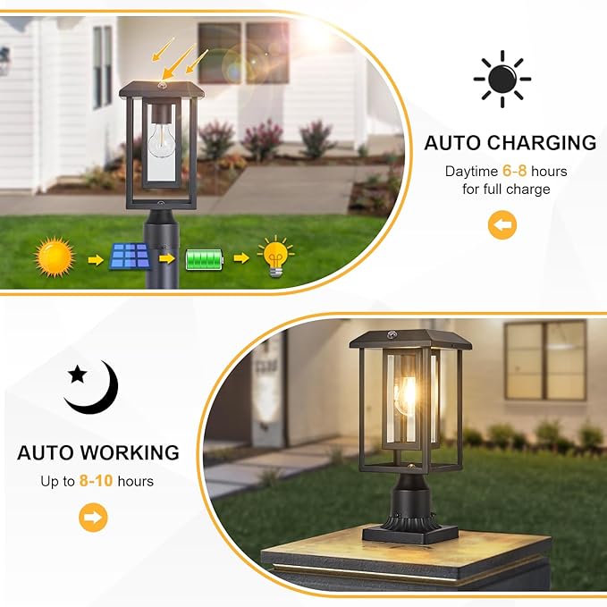Solar Lamp Post Lights for Outdoor with Pier Mount Base, Dusk to Dawn Pole Light Head with Waterproof, Exterior Solar Powered Pillar Lights Fixture for Yard, Garden, Pathway, Black