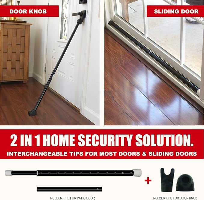 SECURITYMAN 2-in-1 Door Security Bar & Sliding Door Security Bar - Door Jammer Constructed of High Grade Iron - Black Door Stoppers Security Bar