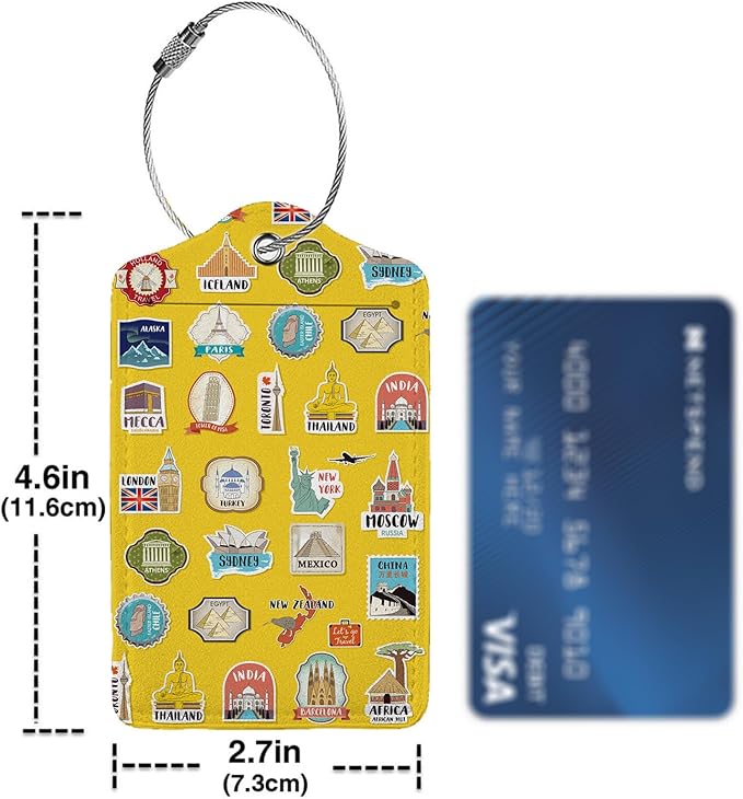 Travel Stamps Collection 2-Pack Luggage Tags for Suitcases,Leather Baggage Tag with Loop, Tags Private Name ID Labels for Women Girl Men Boys Travel Baggage Suitcase