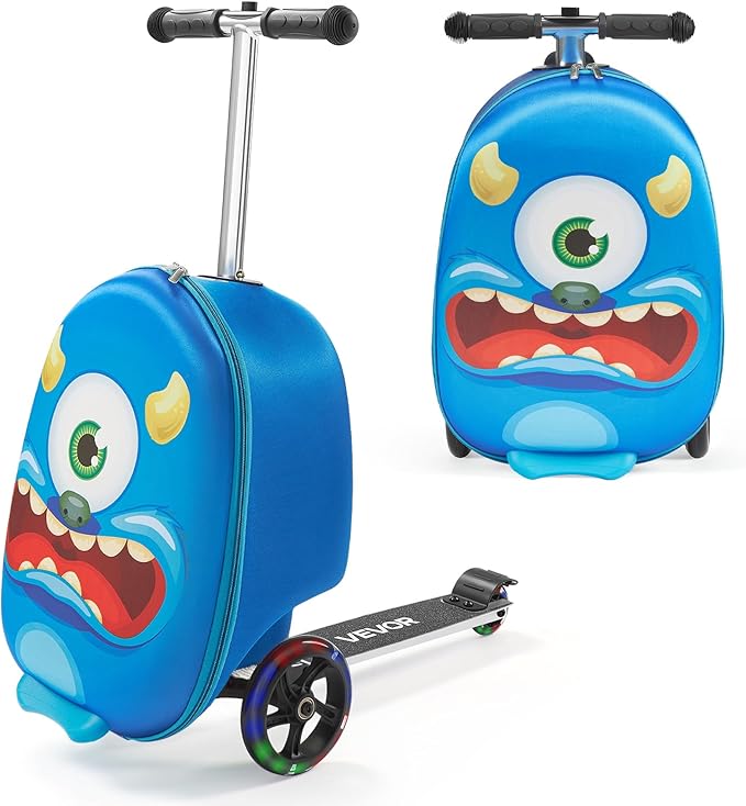 VEVOR Ride-on Luggage, 20 L Capacity, 20 Inches Kids Scooter Suitcase with Flash PU Wheels, Adjustable Handle & TPR Non-Slip Grip, Foldable & Lightweight Scooter Luggage for Kids Aged 5+, Blue