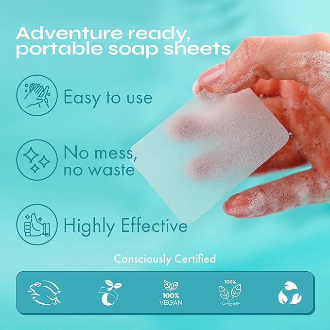 FOMIN - Antibacterial Paper Soap Sheets for Hand Washing - (100 Sheets) Lavender Portable Travel Soap Sheets, Dissolvable Camping Mini Soap, Portable Hand Soap sheet